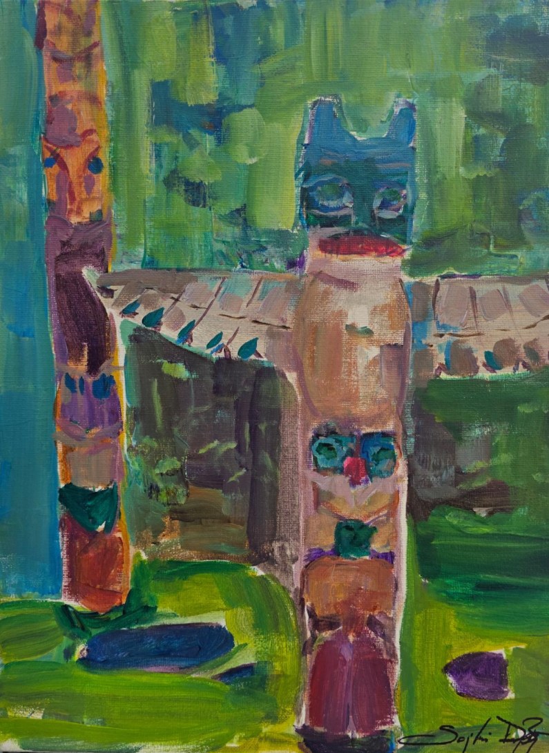 Composition colorée de figures totémiques dans un paysage vert.